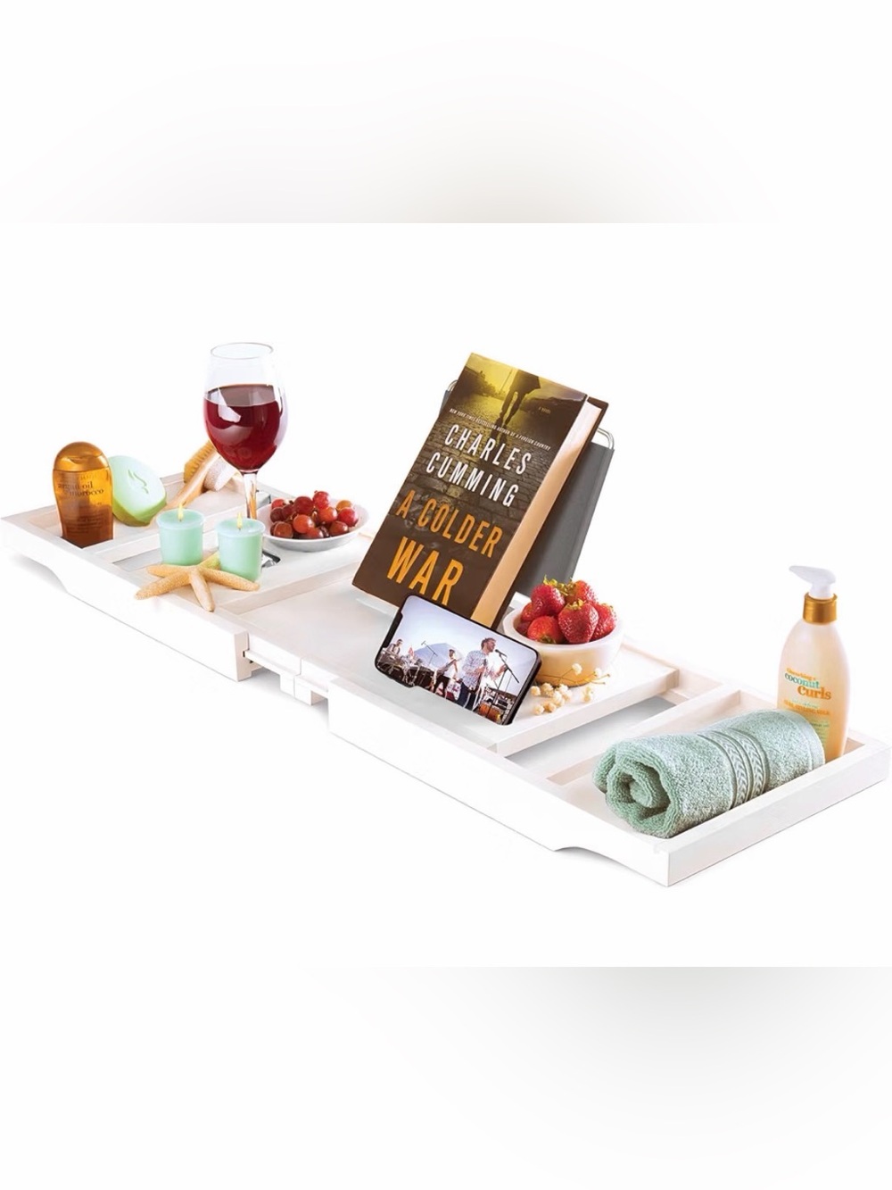NEW/IN BOX - White Expandable Bamboo Bath Tray Caddy with Stand for Book / Table